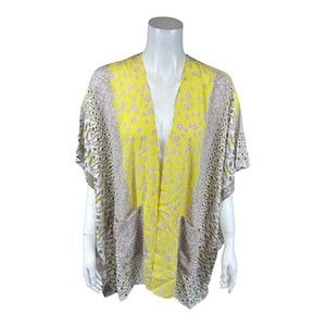 Susan Graver Printed Woven Open Front Cardigan Patch w/ Pockets Sand X-Small Sz